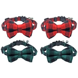 4PCS Breakaway Bowtie Pet Collar with Bell(2Red&2Green plaid style),Christmas Dog Collar with Bow, Christmas Plaid Dog Bow tie, Adjustable Cotton Red Bowtie Dog and Cat Valentine's Day Collars for Kitty, Puppy, Dogs,Small Pets