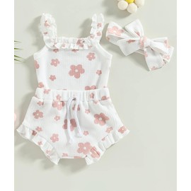 ZZUYFI Newborn Infant Baby Girl Summer Clothes Outfits Set Floral Print Romper Tops Drawstring Short Headband Clothes Set