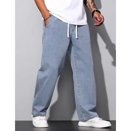 QGRSWBC Men's Casual Jeans Regular Fit Denim Pants Straight Leg Jeans Elastic Waist Drawsting Trousers Blue S
