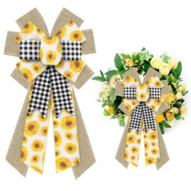 Large Spring Wreath Bows Spring Sunflowers White Black Plaid Burlap Bows for Wreaths, Brown Linen Ribbon Bows Tree Topper Bows for Springtime Home Indoor Outdoor Decoration Wreath Ornament Supplies