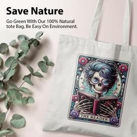 Veqzc Tarot the Reader Canvas Tote Bag, Readers Gifts, Book Tote Bag for Women Book Lovers, Goth Skeleton Skull Tote Bag, Reusable Shopping Bags Grocery Bags, Book Lovers Gift Ideas