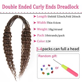 Curly Dreads with Box Braid Boho Style Dreads Synthetic Double Ended Dreadlock Extensions 26inches 10 Strands Thin Soft DE Dreadlock Extensions (12#)