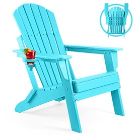 FUNBERRY Folding Adirondack Chair, Fire Pit Chairs, Plastic Adirondack Chairs Weather Resistant with Cup Holder, Composite Adirondack Chairs