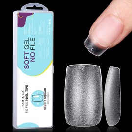 TOMICCA Nail Tips, 360 Pieces, Full Cover Soft Gel Tips, No-File Nail Tips, Pre-Buff PMMA Resin Artificial Nails Tips in 15 Sizes, Short Square for Sticking, Nail Art for Nail Studios, Starter DIY