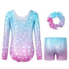 JiAmy Gymnastics Leotards for Girls Cross Back, Long Sleeve Sparkly Dance Biketards with Shorts Ballet Outfit for 11-12 Years Gradient Blue Stars