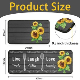 Sunflower Kitchen Rugs Set 2 Pieces Non Slip Kitchen Rugs and Mats Waterproof Stain Resistant Standing Kitchen Runner Mat for Floor Kitchen Outdoor Doormat 17"x48"+17"x24"