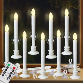 CelebrationLight 10 Pack Flameless Taper Candles with Remote/Timer & Suction Cup, Battery Operated Flickering LED Window Candles, Vintage Christmas Electric Fake Candlesticks, White Holder