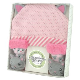 Stephan Baby Rattle Socks and Knit Cap Gift Set, Stripy Pink Kitten