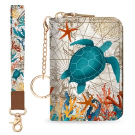 Blusabaca Credit Card Holder for Women, Sea Turtle Small RFID Blocking Wallet with Wristlet Strap, Keychain Zipper Women Wallet, Leather Card Case, Wallet Purse with Key Lanyard