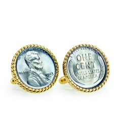American Coin Treasures 1943 Lincoln Steel Penny Goldtone Rope Bezel Coin Cuff Links | United States Coins | Men's | Minted Only One Year