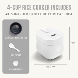 GreenLife Digital Rice Cooker, 2-Cups Uncooked/4-Cups Cooked, Removable Nonstick Ceramic PFAS-Free Pot, One-Touch Presets, Oats, Quinoa, Brown Rice, Auto Keep Warm, Fuzzy Logic Tech, 1.5QT, White