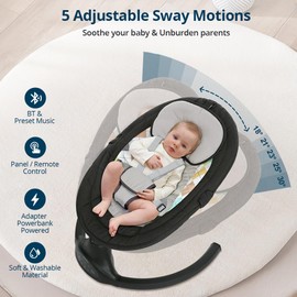 Bioby Baby Swing for Infants with 5 Natural Sway Speeds, Portable Bt Music Rocker with Remote Control&5-Point Harness, Lightweight Baby Rocker for 5-20 Lb,0-12 Months Black