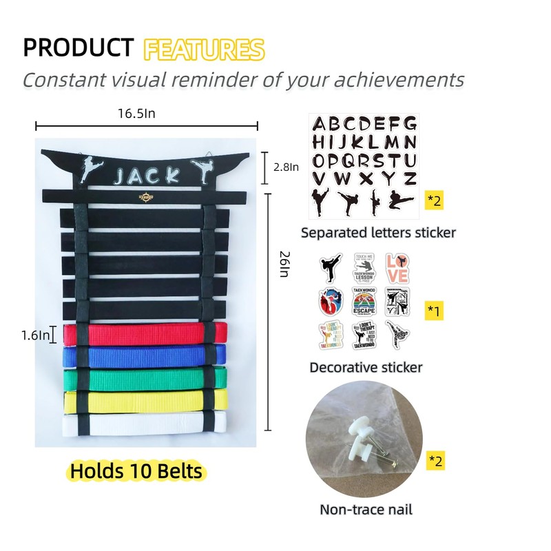 Martial Arts Belt Display Rack, Wooden Wall Mount, Karate and