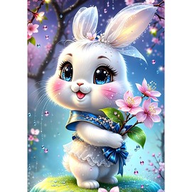 QQYRHN 5D White Rabbit Diamond Painting Kit for Adults Beginners Cute Rabbit Diamond Art Kits Complete DIY Flowers Diamond Embroidery Set Perfect for Relaxation and Decoration 30 x 40 cm