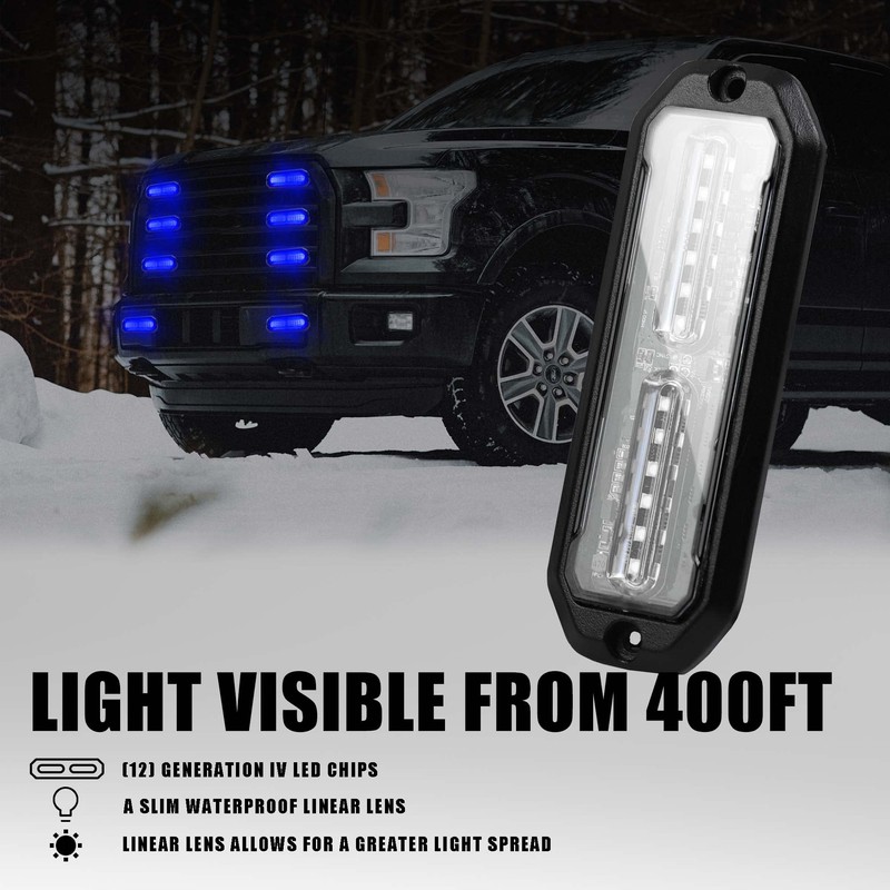 WINECO 8pcs 12 LED Surface Mount Strobe Lights, Firefighter Blue
