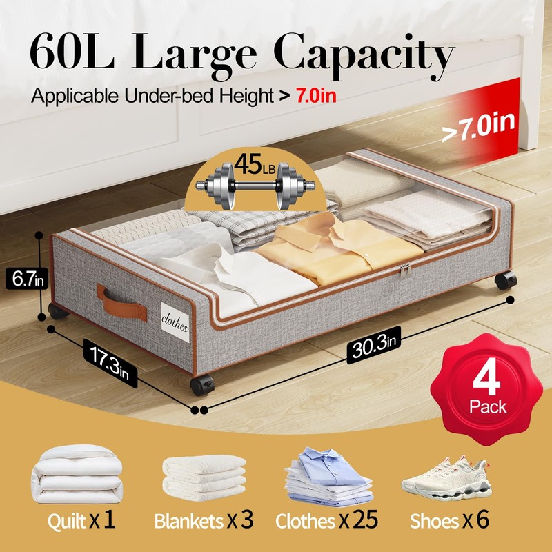 Yecaye Under Bed Storage with Wheels, 4 Pack Under Bed