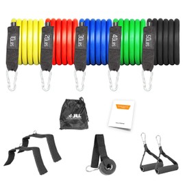 JLL Resistance Bands Set, 12pcs Strength Training Set, 10lbs, 20lbs, 30lbs, 40lbs, 50lbs Bands, Fitness Tube Tension Bands, Ankle Straps, Handles and Carry Bag Included, 150lbs Combined Resistance