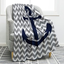 Jekeno Nautical Anchor Blanket Navy Tie Pattern with Gray and White Chevron Ripple Waves Print Gifts for Kids Boys Men Home Bedroom Living Room Decor Soft Cozy Lightweight Throw Blankets 50"x60"