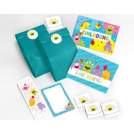 12 Invitation Cards Children's Birthday Party for Girls Boys Funny Monster Including 12 Envelopes, 12 Party Bags / Blue, 12 Stickers, 12 Bookmarks, 12 Notepads