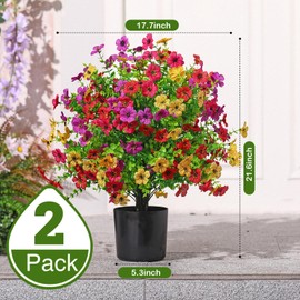 Yuxung 2 Pack 21.6'' Artificial Topiary Ball Trees with Flowers UV Protected Outdoor Faux Potted Plants with Cement Pot Faux Greenery Shrubs for Front Garden (Multicolor,Mandala Flower Tree)