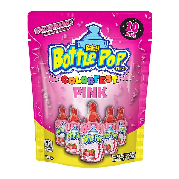 Baby Bottle Pop Individually Wrapped Pink Strawberry Party Pack –10 Count Strawberry Flavored Pink Candy Lollipop Suckers - Pink Candy for Celebrations & Virtual Parties