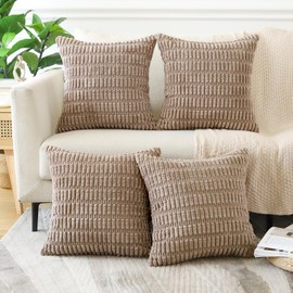 Sungeek Set of 4 Soft Corduroy Decorative Cushion Covers 45x45cm, Square Striped Throw Pillow Covers 18x18 Inch for Sofa Couch Bedroom Living Room Farmhouse, Boho Home Decor Pillowcases (Khaki)