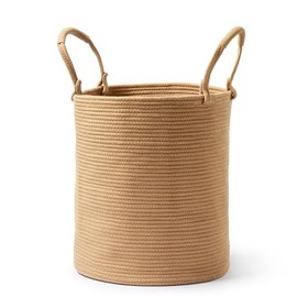 KODOMOORE Laundry Basket Hamper – Woven Cotton Rope Nursery Hamper for Toys, Clothes, Blankets, Yoga Mat – Boho Basket for Living Room, Bedroom – 16”D x 22”H – Khaki