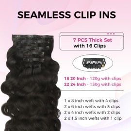 Lashey Seamless Clip in Hair Extensions Human Hair 120g 7pcs Body Wave Remy Human Clip in Hair Extensions with Full End 18 Inch Natural Black Thick