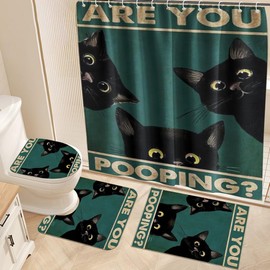 GUBIYU 4 Pcs Black Cat Shower Curtain Set with Rugs,Funny Animal Toilet Lid Cover, are You Pooping Bath Mat,Waterproof Animal Print Bathroom Decor Sets Accessories with 12 Hooks Bathroom Accessory