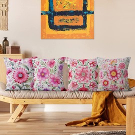 ASDCXZ Pillow Cover Retro Flowers 40x40 cm 4er Set, Retro Rose Flower Leaves Sofa Cushion Decorative Cushion Covers Washable Polyester Flax Textile Outdoor Cushion Pillow Cover Cushion Cover