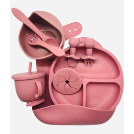 HAPPYTOYSMX Set de Alimentación Complementaria bebes. Silicon BPA free. Incluye 9 piezas: vaso entrenador bebe, platos para bebe, cucharas para bebé, cubiertos para bebe, babero. (Rosa)