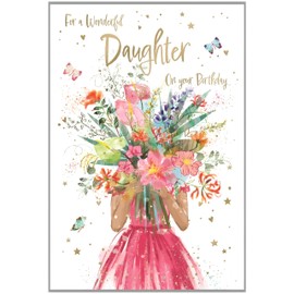 IC&G Wonderful Daughter Birthday Card - Happy Birthday Card with Floral Bouquet and Butterflies Design with Embossed Foil and Flitter Details - Birthday Card for Women/Girls