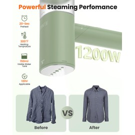 Handheld Steamer for Clothes, 1200W Foldable Travel Steamer, 20 Sec Preheat Garments Wrinkle Remover, 120V Portable Hand Iron with 150ml Water Tank, Clothes Steamer for Home Travel-Green