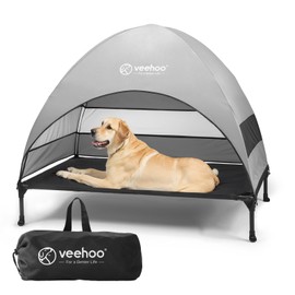Veehoo Outdoor Dog Bed with Canopy, Cooling Elevated Pet Cot with Removable Shade, Non-Slip Feet, Raised Dog Cot for Large Dogs, Pet Tent Bed for Camping, Beach, Large, Black, CWC2411