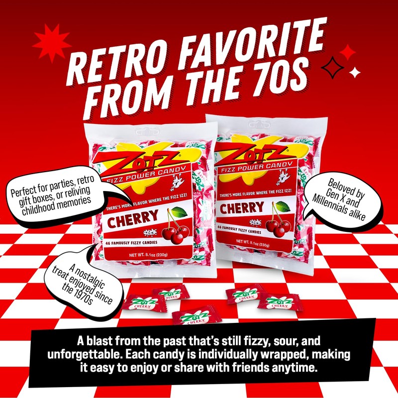 Zotz Fizzy Old Fashioned Hard Candy Fruit Flavored Cherry Candy,