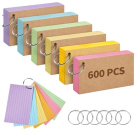 TEEPULL A7 Flash Cards, 6 Pack 600 Pcs of Revision Cards, Kraft Paper Index Cards, Lined Flashcards, Note Study Cards, Multicolor, with 6 Metal Binder Rings for Office, Home, Notes and Exam Use.