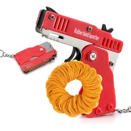 QKUDNGHY Kids Toys Cool Keychain Rubber Band Mini Metal Folding Rubber Launcher Toy with 60 Elastic Rubber Bands for Game Outdoor Activities (red)
