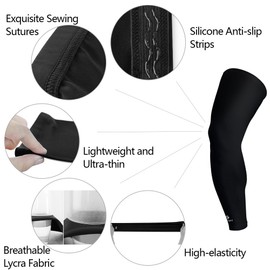 Kuangmi Compression Full Leg Sleeves for Cycling, Basketball, Sport Supports and Recovery and UV Protection 1 Pair (Black, X-Large)
