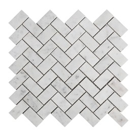 Lovdeco Carrara White Marble Stone 1x2 Inch Herringbone Italian Bianco Carrera Marble Mosaic Tile for Kitchen Wall Bathroom Shower Floor (5 Sheet, Polished)