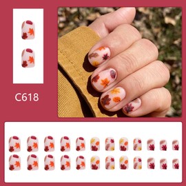 24Pcs Short Press on Nails Fall Fake Nails Square Shape False Nails Fiery Red Maple Leaf Designs Autumn Glue on Nails Short Stick on Nails Full Cover Acrylic Nails Matte Artificial Nails for Women
