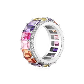 Daffany Rainbow Eternity Band Rings for Women Wedding Bands 925 Sterling Silver Baguette Cut Multi Color AAA Created-Gemstone Rainbow Stackable Ring, Mother's Day Gift For Her Anniversary Band Sizes 6 to 12 (with Gift Box) (Silver-Rainbow, 6.5)