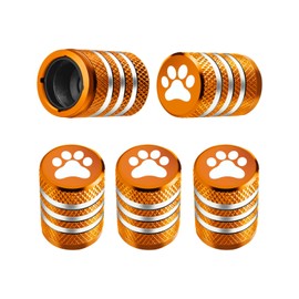 Tire Valve Stem Caps Cover - (5 Pack) Tire Air Caps Metal with Plastic Liner Corrosion Resistant Leak-Proof Dog Paw Print for Car Truck Motorcycle Bike Orange