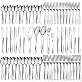 Pleafind 65-Pieces Silverware Set for 12 with 5 Serving Utensils,Stainless Steel Cutlery Set, Include Forks Spoons and Knives Set, Mirror Polished Utensil Sets for Home Restaurant,Dishwasher Safe