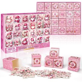 Advent Calendar 2024 – 1008 Pcs Pink Gnome Jigsaw Puzzle for Kids and Adults, 24-Day Countdown Calendar Game to Enhance IQ and Thinking Skills, Perfect Christmas Gifts.