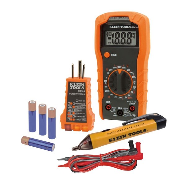 Klein Tools 69149P Electrical Test Kit with Digital Multimeter, Noncontact Voltage Tester and Electrical Outlet Tester, Leads and Batteries, Green,Red