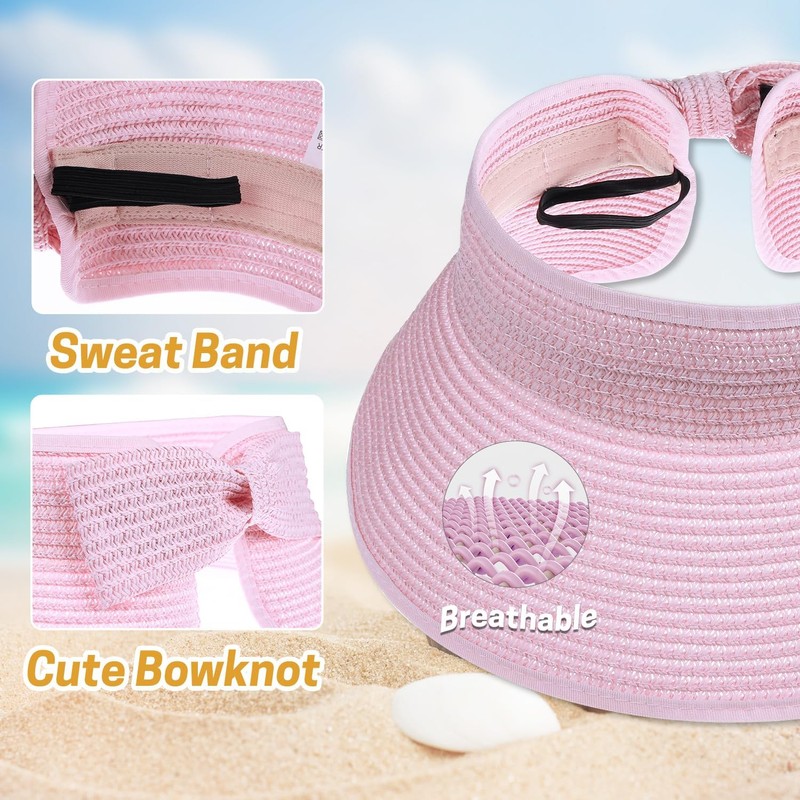 Girls Roll Up Straw Sun Visor, Wide Brim UV Protection