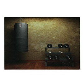 Ambesonne Fitness Cutting Board, Gym Room with Equipments Dumbbells Work Out Concept 3D Digital Print, Decorative Tempered Glass Cutting and Serving Board, Small Size, Black Redwood Pale Brown