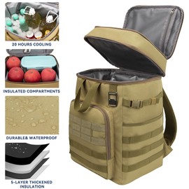 onedayHI 42L Tactical Cooler Backpack, 45/55 Cans Backpack Cooler Insulated Leak Proof, 2 Insulated Department Portable Soft Lunch Cooler Bag, Ice Chest Backpack for Hiking Camping Beach Picnic, Khaki