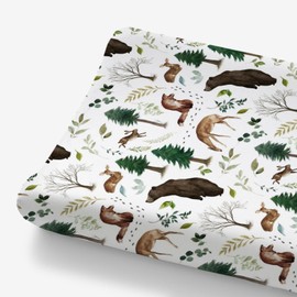 HawSkgFub Woodland Animals Pine Tree Changing Pad Cover for Baby Girl Boy, Natural Forest Bear Deer Fox Diaper Change Table Covers, Soft Stretchy Safe Snug Fitted Changing Mat Sheets Fit 32"/34" x 16"