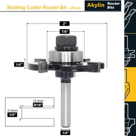 Akylin Slotting Cutter Router Bit, 1/4 Inch Shank, 4 Wing Slot Router Cutter Bit with bearing, 1/4” Height X9/16” Depth, Tungsten Carbide Blades, T-Slotting Cutter for Wood Slotting, Grooves, Rebating